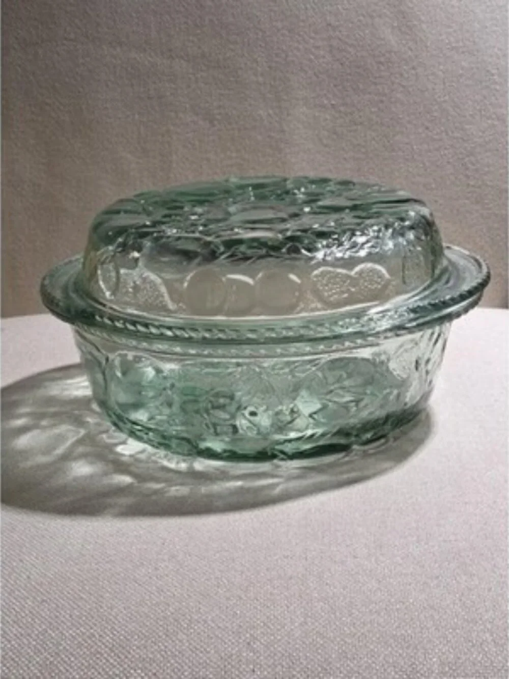 Vintage Libbey Orchard Fruit Green Glass 3 Qt Casserole Dish with Pie Plate Lid